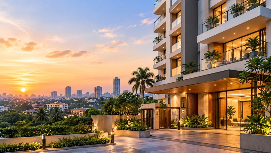 Modern apartment building in Chennai at sunset