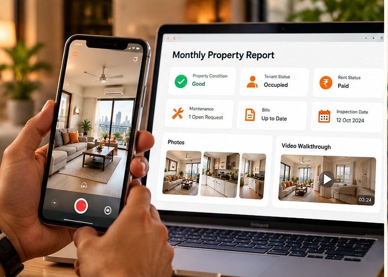 Property manager recording a walkthrough on a phone, with the monthly property report open on a laptop