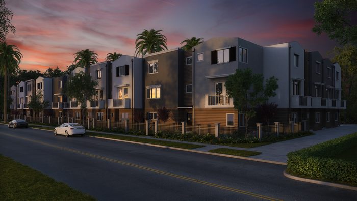 Row of independent houses at dusk